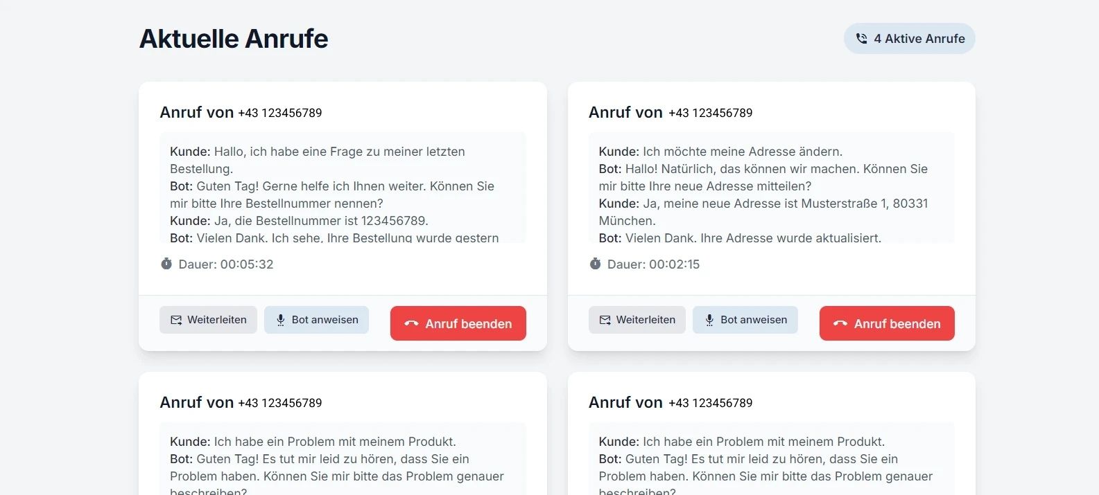 Elvira KI-Telefonassistent Dashboard Screenshot